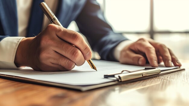 Business man using pen signing writting