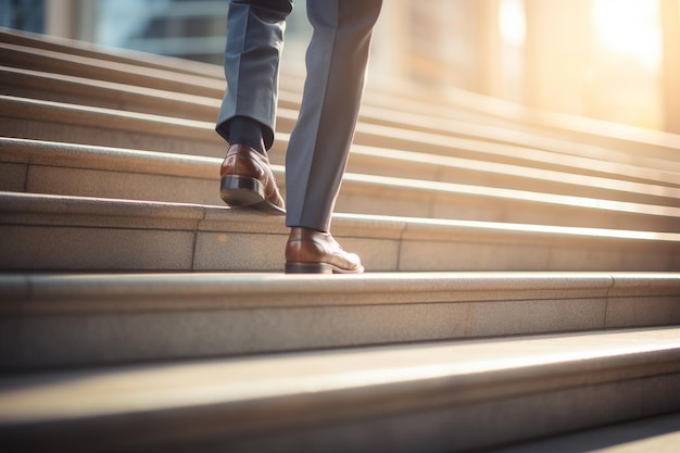 a business man walking up the steps bokeh style background