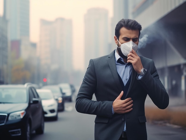 Business man wearing a mask and coughing on the street Protection against air pollution and dust particles exceeds safety limitsPM25 unhealthy air pollution dust smoke in the urban city PM 25