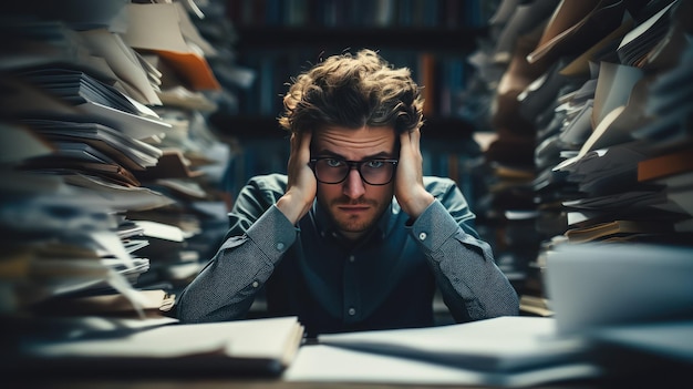 Business man whose desk is full of documents at work Businessman stressed with stack of paperswork