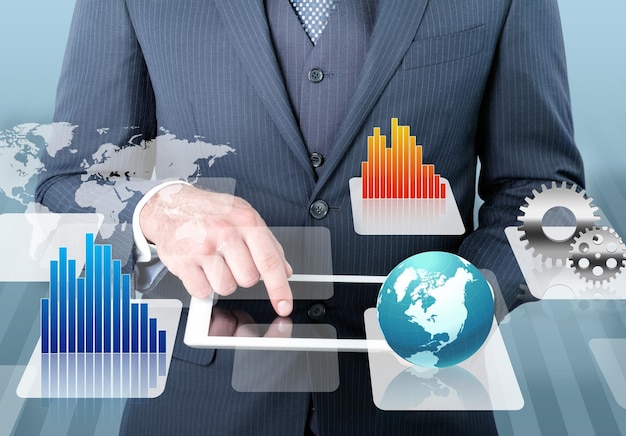business man with digital tablet and signs on background