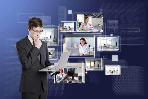 business man with laptop and creative digital picture gallery