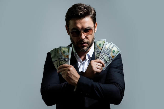 business man with money banknotes male entrepreneur with dollar bills lucky boss insurance agent manager freelancer with cash boss director owner concept money for small business