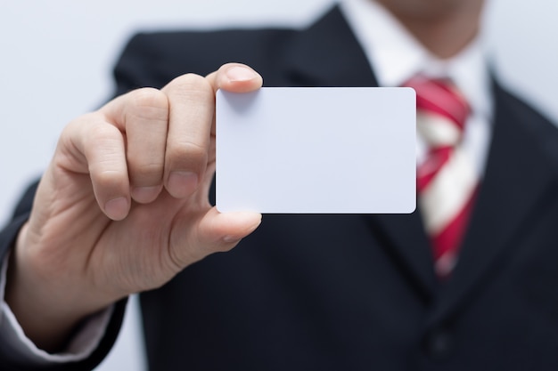 Business man with name card mockup ID tag on white back ground.