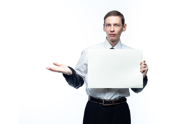 Photo business man with a piece of paper in his hands on a white isolated backgroundxa