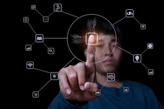 テクノロジー指紋スキャンを持つビジネスマンはセキュリティを提供します。接続ネットワーク。ビジネスコミュニケーションの概念。