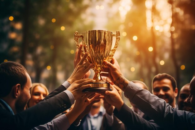 Business man and woman holding trophy success celebration team concept