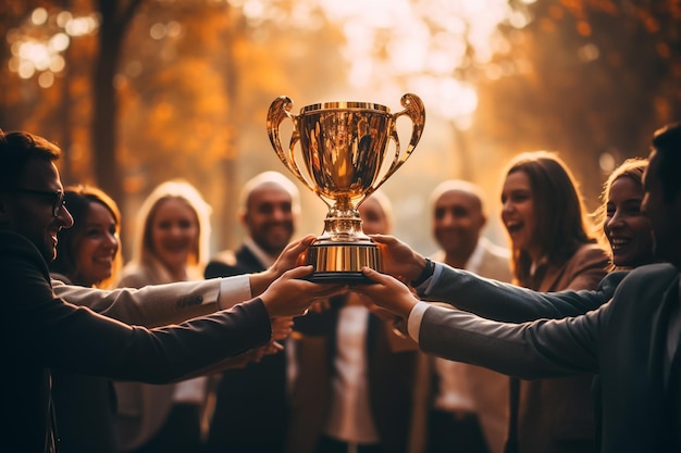 Photo business man and woman holding trophy success celebration team concept