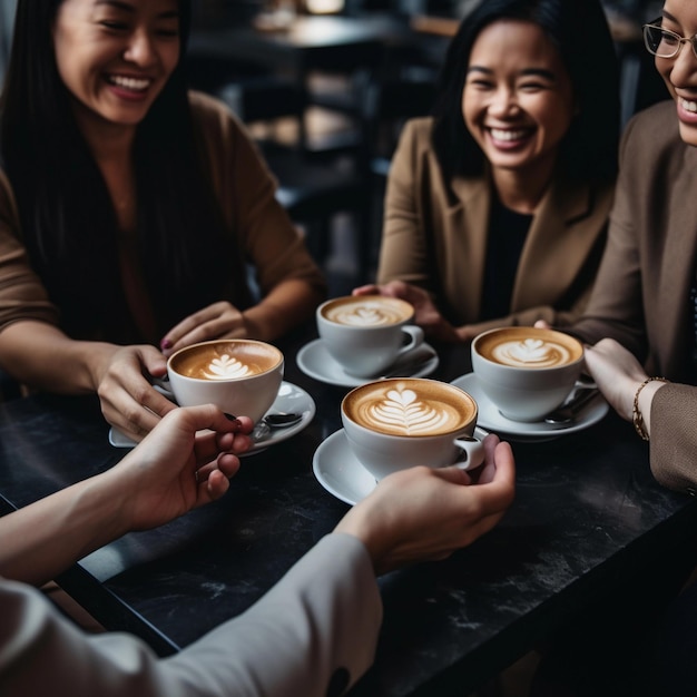 Business man woman smile sitting and drinking coffee at cafe