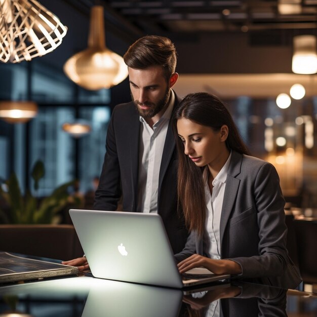 бизнесмен и женщина работают на ноутбуке анализировать в проекте деловой встречи в офисе ИИ генерировать