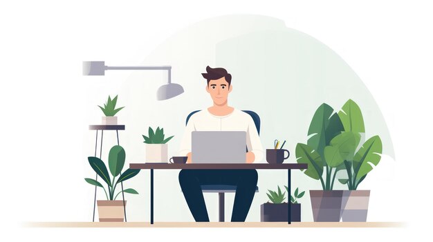 Business man work in happy workspace flat design on white background