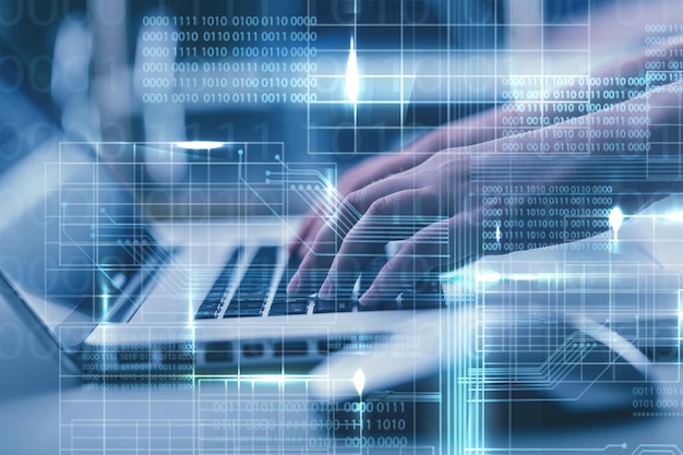 Business man working on computer finance coding concept