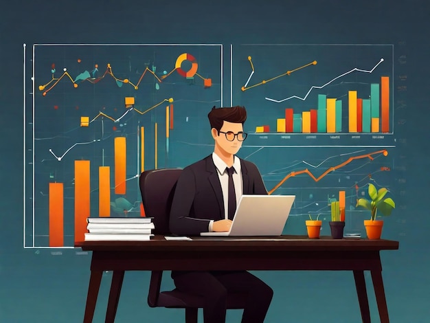 Business man working hard stock financial trade market diagram vector illustration flat design