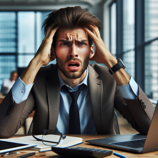 Photo business man working on laptop in office with various moods stock image