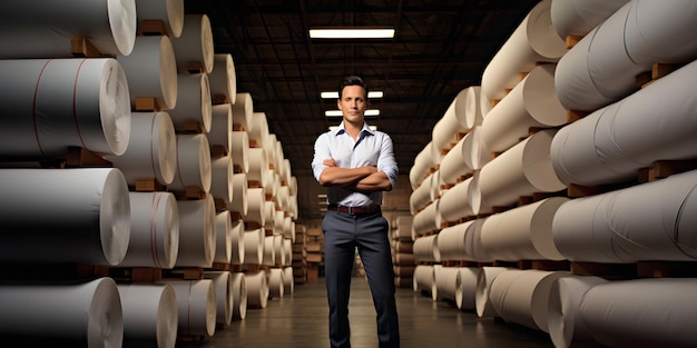 Business Man working in printing house with huge rolls of paper in industrial factory