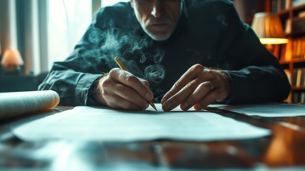 A business man writing on a piece of paper with a pencil