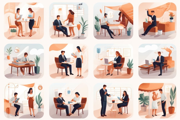 Business Marketing illustrations Mega set Collection of scenes taking part in business Generative AI