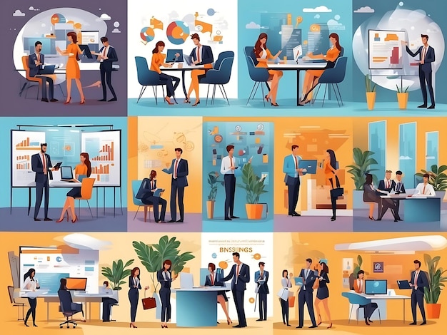 Business Marketing illustrations Mega set Collection of scenes with men and women taking part