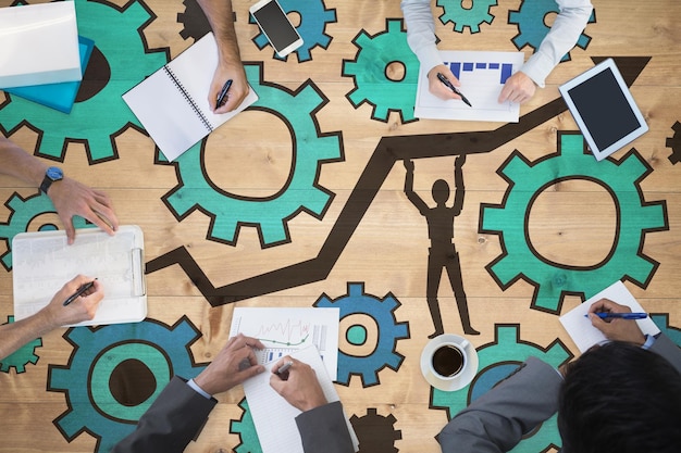 Business meeting against bleached wooden planks background
