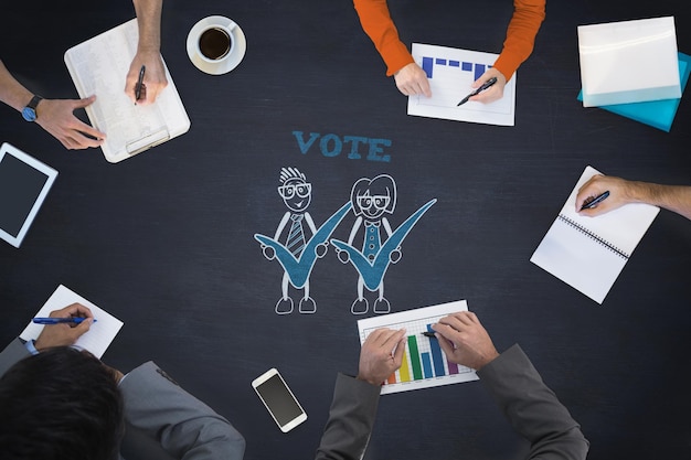 business meeting against cute cartoons voting yes