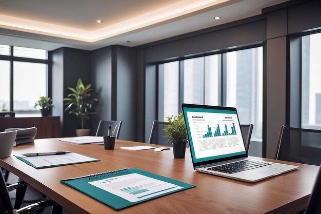 Business meeting and conference room with laptop and business document