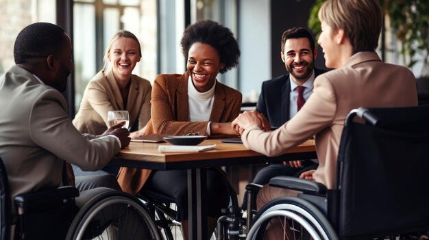 Business meeting in a coworking space by a man in a wheelchair Integration of people with disabilities