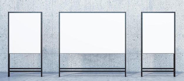 Business meeting education and seminar concept with three blank whiteboards with place for your logo or text on grey wall background 3D rendering mockup