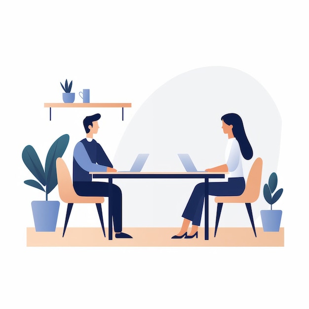 Photo business meeting or interview concept man and woman sitting at the table and talking vector illustration in flat style