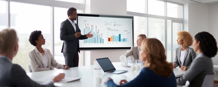 Photo business meeting in a modern office with a presentation on financial performance