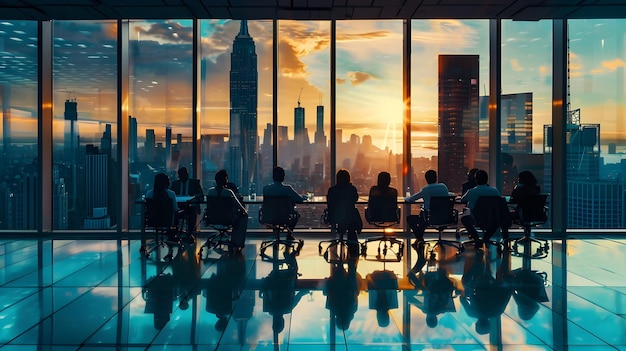 Foto incontro d'affari al tramonto con vista sulla città