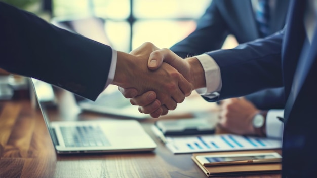 Business Meeting Two Men Shaking Hands Over Wooden Table