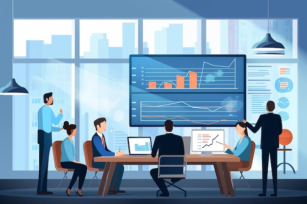 Business meeting with financial data analysis illustration in flat style