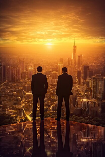 Business men in front of big city new life concept photo