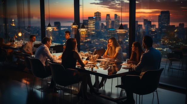 business men and women discussing the new project in an office with a view of the whole city at a meeting table