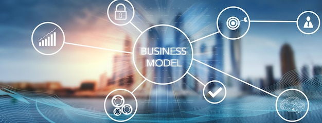Бизнес-модель и иконки на виртуальном экране