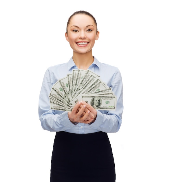 business and money concept - young businesswoman with dollar cash money