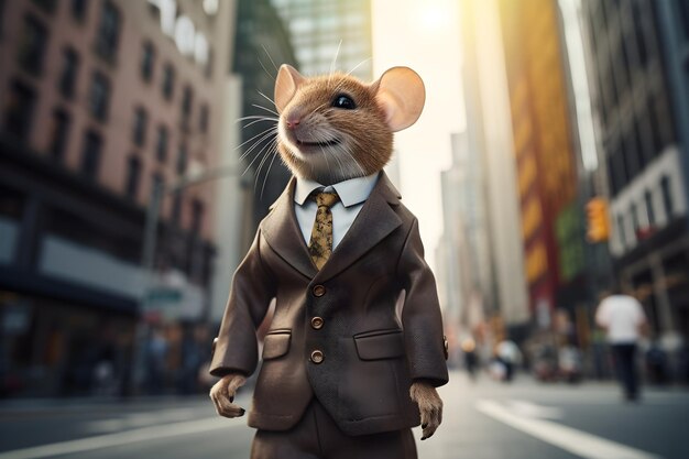 写真 スーツを着たネズミが街の通りでビジネスをしている generative ai