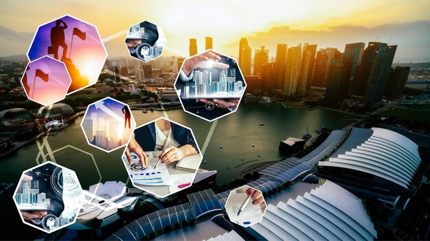 Business network web banner photo set in concept of management and growth