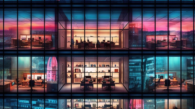 Business office windows at night Corporate building London City England Generative ai