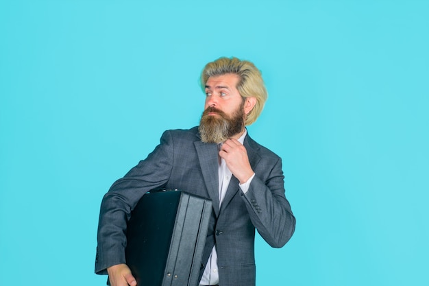 Business office worker businessman with suitcase ceo bearded businessman in suit business people and