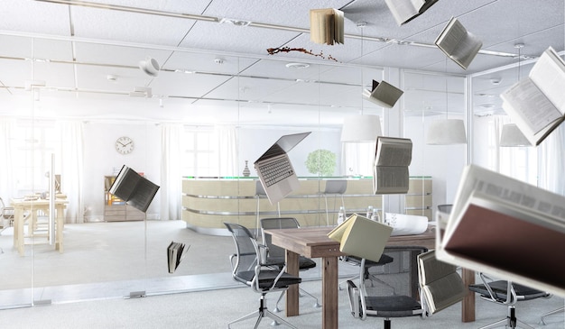 Business office workplace with flying objects