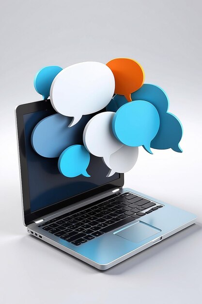 Business online communication 3d laptop icon render speech bubble with notebook