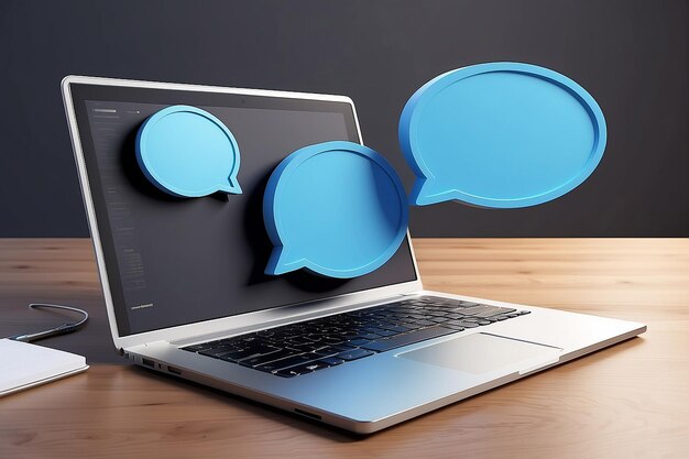 Business online communication 3d laptop icon render speech bubble with notebook