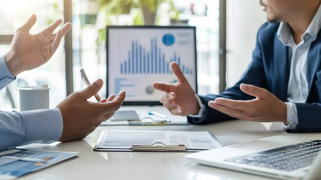 Photo business owner discussing insurance coverage with agent in office