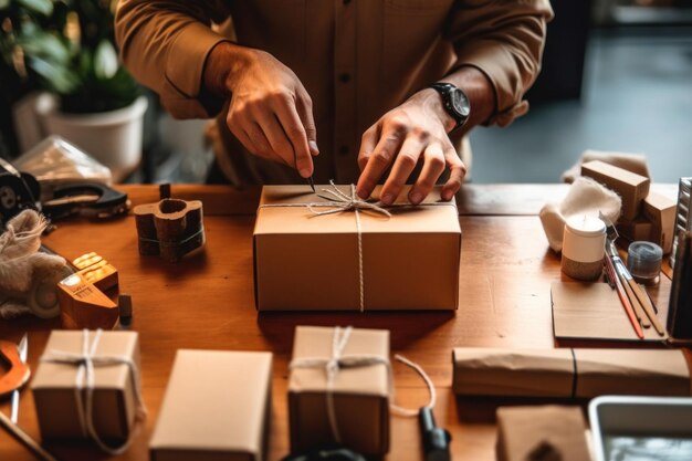 Business owner entrepreneur packing package post shipping box preparing delivery parcel on table