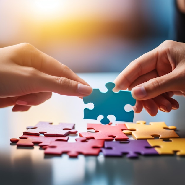 Business partner trust together in team building Solution puzzle solve strategy team building organize connections trust communication partnership Hands of business trust team holding jigsaw puzzle