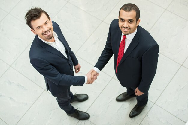 Business partners are shaking hands as a symbol of unity.