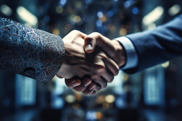 ビジネス パートナーの自信に満ちた握手は、プロフェッショナルな設定の抽象的なビジネス パターン ボケ白と青の色で相互理解と合意を示します