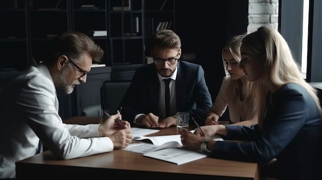 Business partners discussing contract together during business meeting in officeAIgenerated