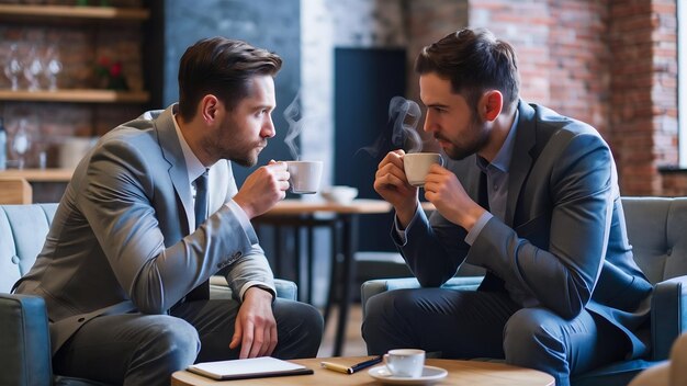 Business partners discussing work issues over cup of coffee